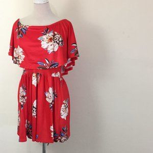 Red Floral Print Flirty Off Shoulder Mini Dress